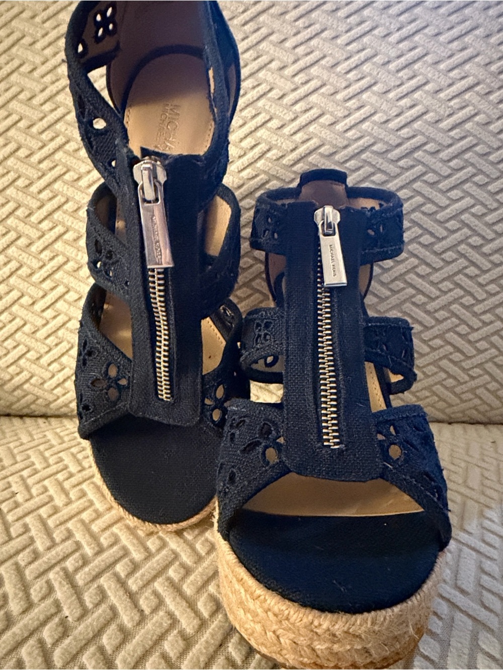 Michael Kors Black Espadrille Wedge Sandals with Front Zipper